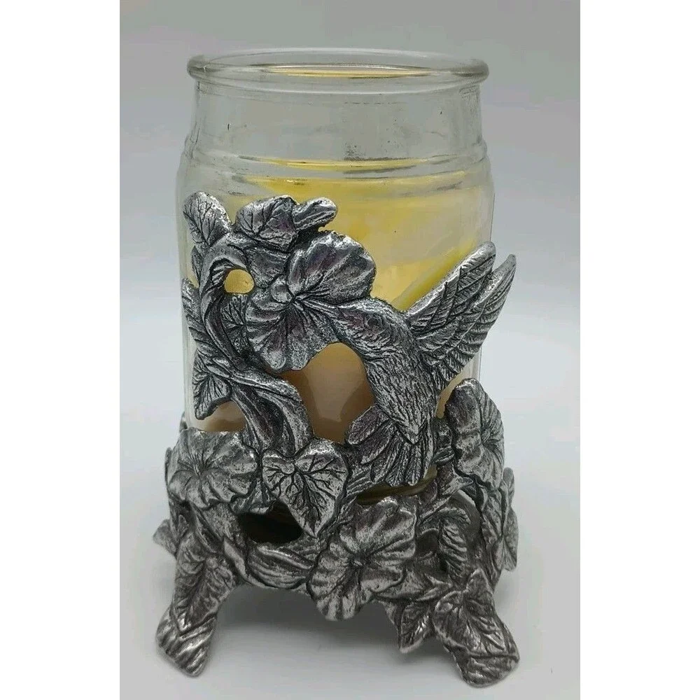 VTG 90s Carson Pewter Hummingbird Jar Candle Holder Yankee Candle Flowers 1996